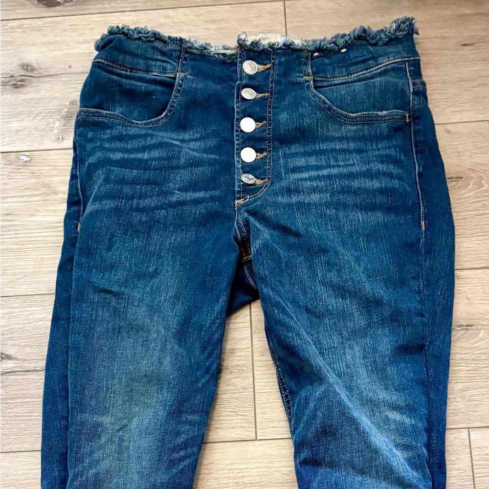 Express Dark Blue High Rise Button Jeans - Picture 2 of 7